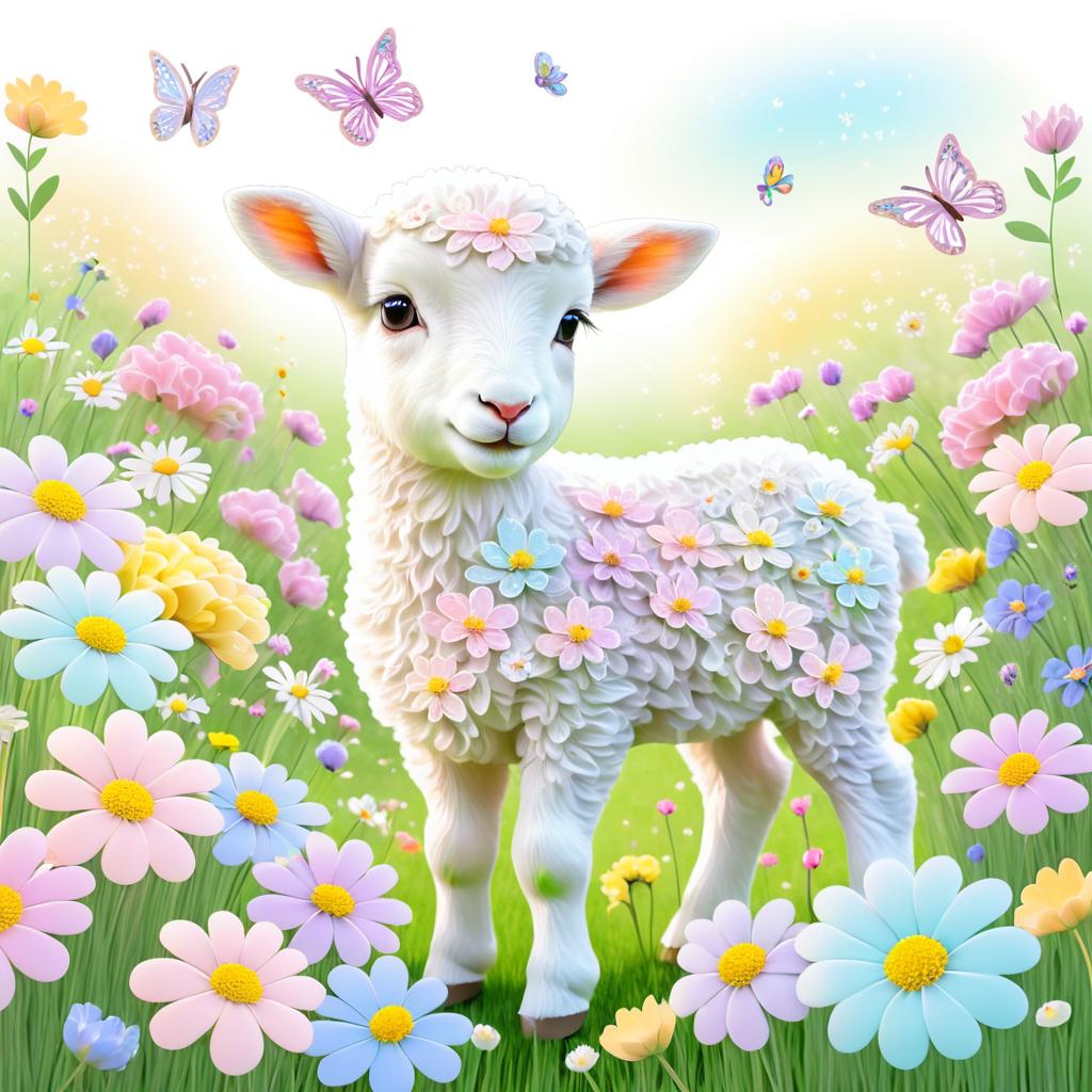 Whimsical Pastel Lamb in Flower Garden