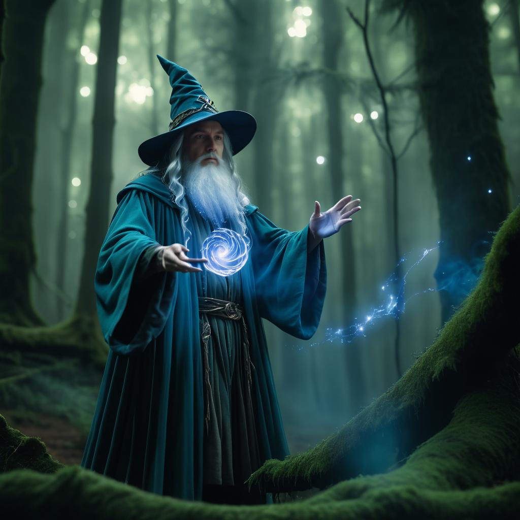 Cinematic Wizard Conjuring in Mystical Forest