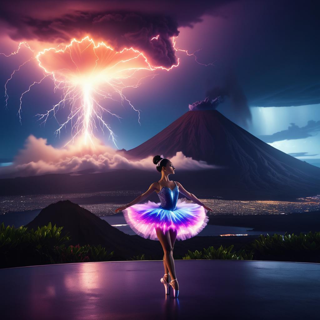 Ballerina Amidst Erupting Volcano and Lightning