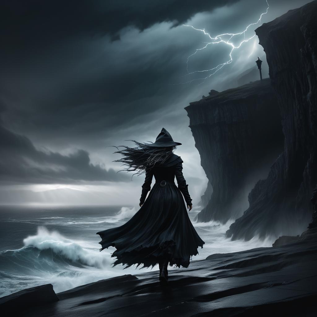 Cursed Witch Amidst Stormy Cliffs