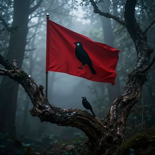 Photograph of a misty forest with a red flag featuring a black bird silhouette, flown on a twisted tree branch, another black bird perched below