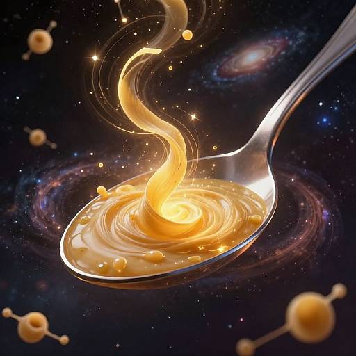 Digital artwork: Golden syrup splashes on a silver spoon, set against a cosmic backdrop with galaxies and star-like droplets.