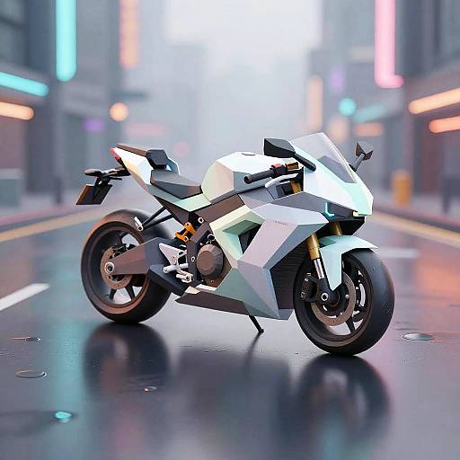 CGI image of a futuristic white and blue geometric motorcycle on a wet, neon-lit city street at night.