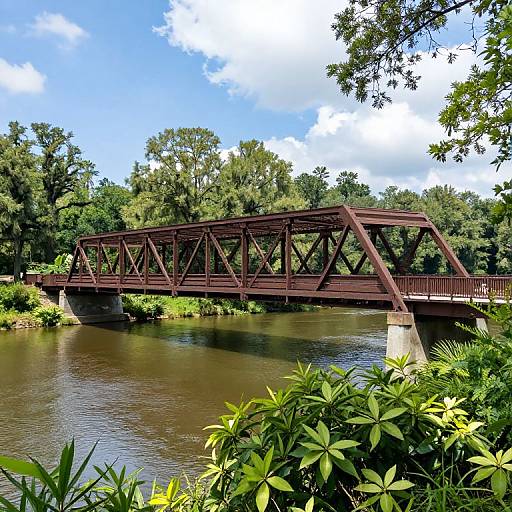 Photograph of a red steel truss bridge spanning a calm river, surrounded by lush green trees and bushes under a partly cloudy sky.