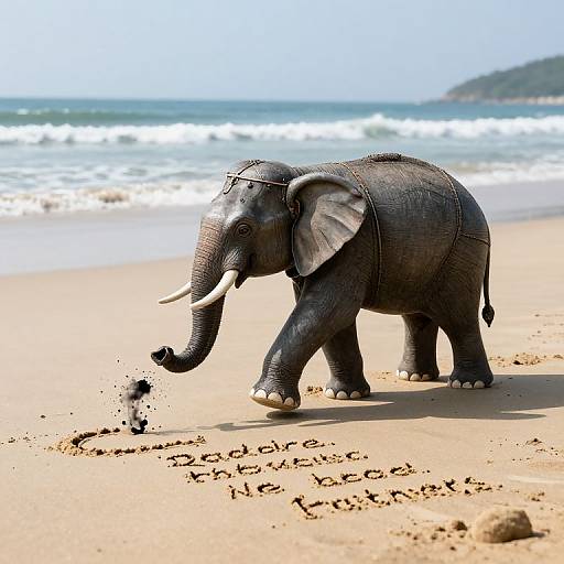 Photograph of a textured, toy elephant on a sandy beach, splashing water with its trunk, with 