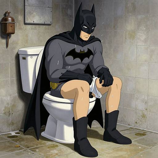 Digital drawing of Batman sitting on a toilet in a grungy bathroom, wearing his suit, mask, and boots, wiping himself with white tissue.