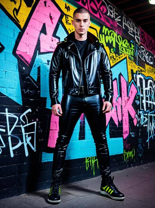 Young Man in Black Leather Outfit Against Graffiti Wall