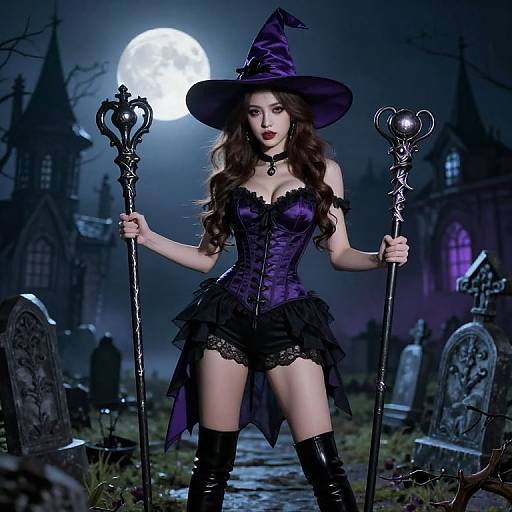 Confident Witch in Spooky Graveyard