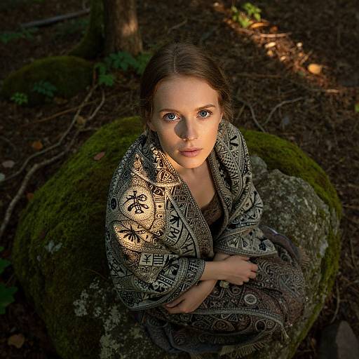 Photograph of a young woman with light skin and brown hair, wearing a detailed, patterned shawl, sitting on a moss-covered rock in a