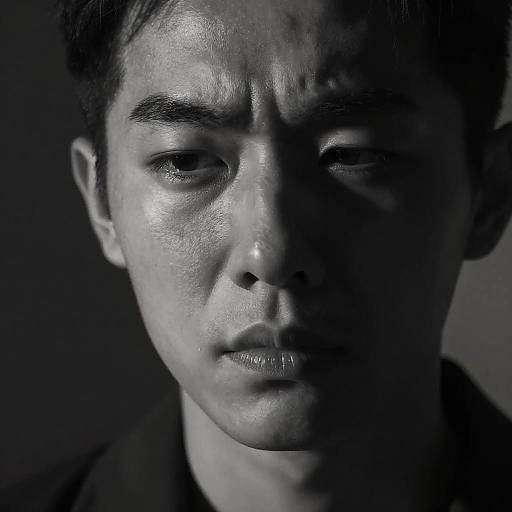 Close-up photograph of an Asian man with a serious expression, dimly lit, showing a shadowed right side, monochromatic blue tones.