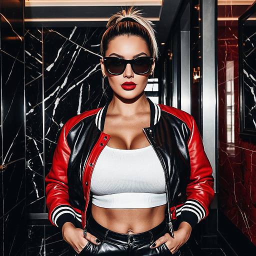 Woman in Red Leather Jacket with Sunglasses
