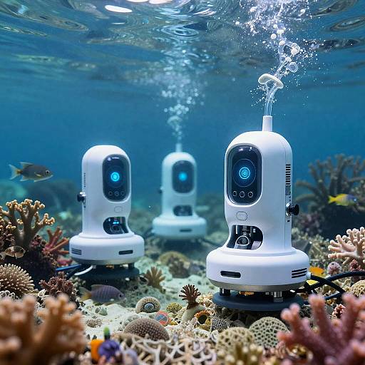 Photograph of three white underwater robotic drones with blue screens, hovering over a vibrant coral reef, surrounded by fish and bubbles.