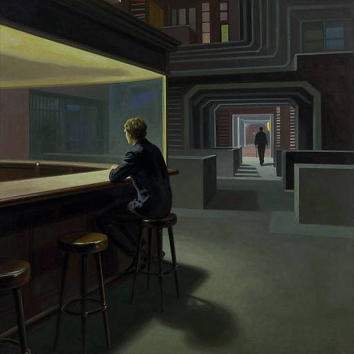 Digital art: Dark, futuristic bar with neon lights; lone figure with short blonde hair sits at counter, another person walks down illuminated corridor in background.