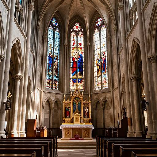 Photograph of a Gothic-style church interior with colorful stained glass windows, ornate altar, and dark wooden pews, bathed in natural light.