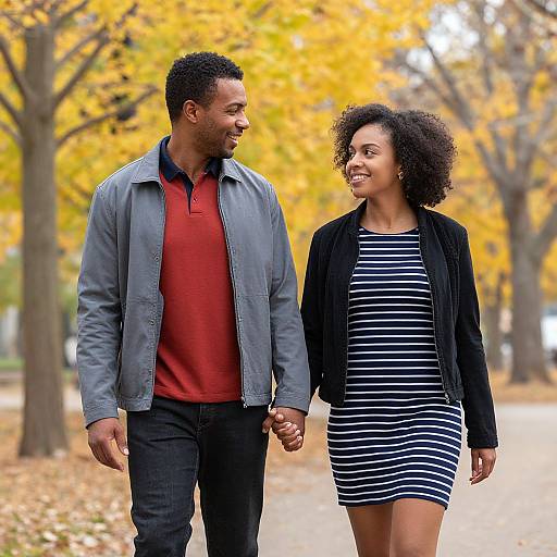 Photograph of a smiling Black couple holding hands in an autumn park, with yellow leaves, wearing casual fall clothing.