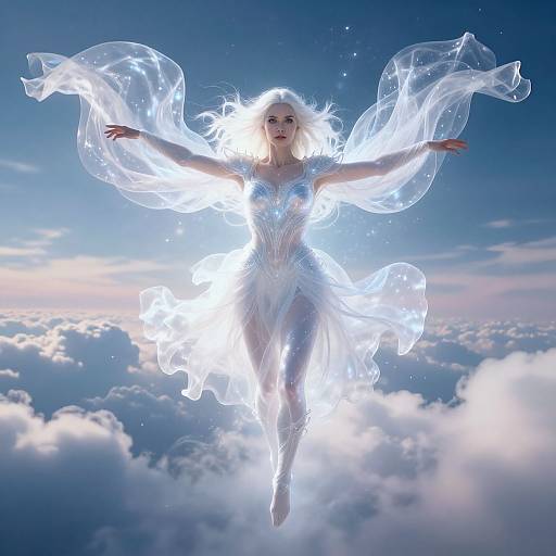 Photograph-style digital art of a glowing, ethereal woman with white hair, translucent wings, and flowing dress, suspended above a cloud-filled sky.