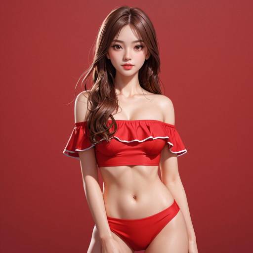 Young Woman in Red Bikini on Red Background