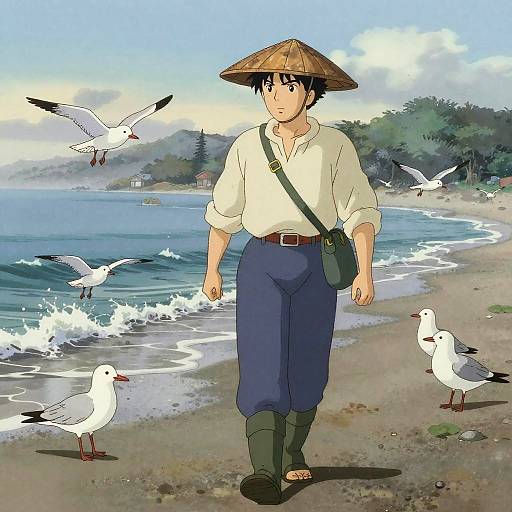 Seasoned Fisherman at Misty Seashore Dawn