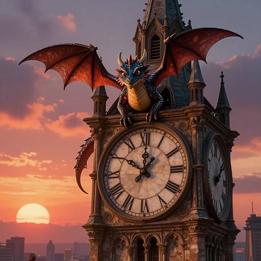 Photograph of a dragon with red wings and blue scales perched on a Gothic clock tower at sunset, with an orange sky and city skyline in the