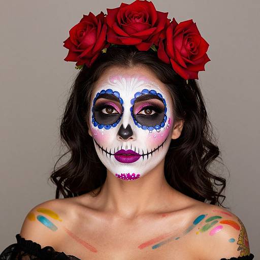 Photograph of a woman with white face paint, blue and black eye sockets, red flower crown, purple lips, colorful shoulder paint, and black off