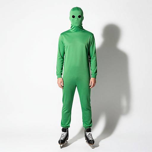 Photograph of a person in a green full-body suit with black mask and black sneakers, standing against a white background. Shadow cast to the right.