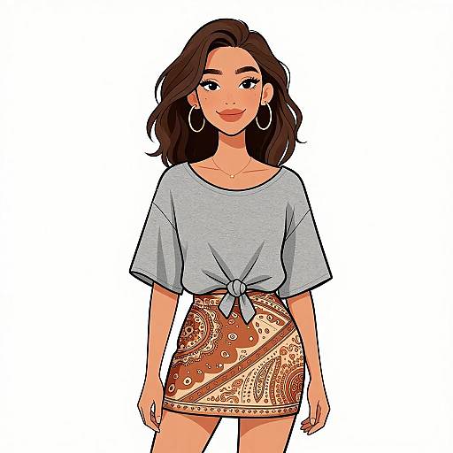 Digital illustration of a young woman with medium brown skin, wavy black hair, wearing a gray tied-knot shirt and patterned brown skirt, large