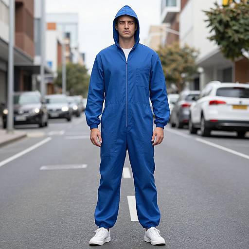 Photograph of a serious man standing on a city street, wearing a blue jumpsuit with hood, white sneakers, in front of parked cars and buildings
