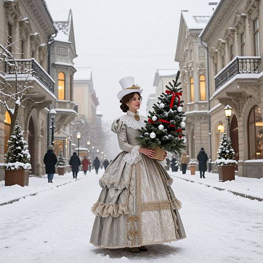 Victorian woman in white bonnet and lace dress holds decorated Christmas tree in snowy, Victorian-style street with illuminated buildings.
