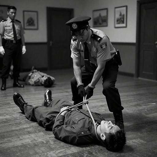 Black-and-White Police Restraint in Dim Room