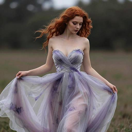 Photograph of a fair-skinned, red-haired woman in a strapless, lavender, floral-embellished, tulle gown, spreading its