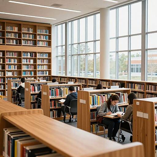 Photograph of a bright, modern library with large windows, wooden bookshelves, and four students reading or studying at tables.
