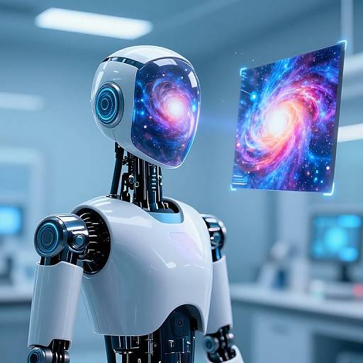 Photograph of a sleek, white, humanoid robot with a glowing, galaxy-like eye, holding a holographic image of a colorful nebula in a