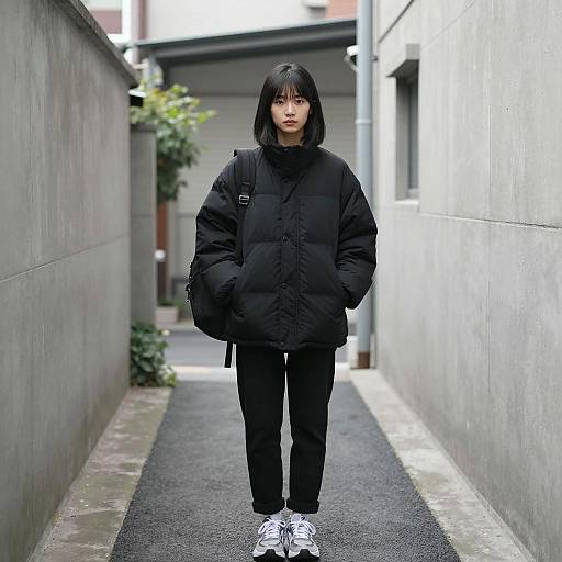 Asian Woman in Black Puffer Jacket in Urban Alley