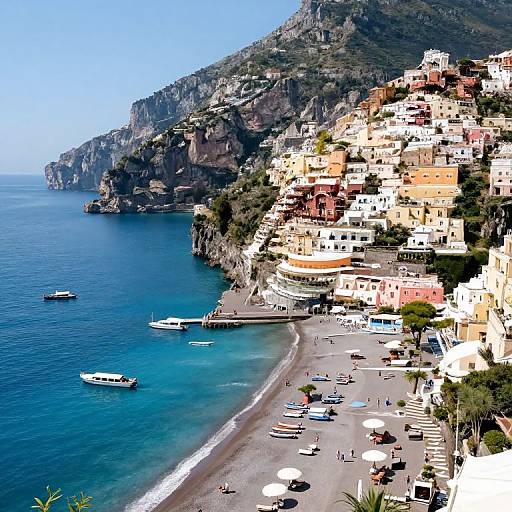 Aerial photograph of a colorful coastal Italian village with cliffside houses, blue sea, small boats, and a sandy beach with umbrellas and cars.