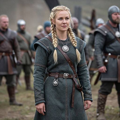 Photograph of a blonde woman with braided hair, wearing a dark grey medieval-style dress, brown belt, and silver brooch, standing among armed