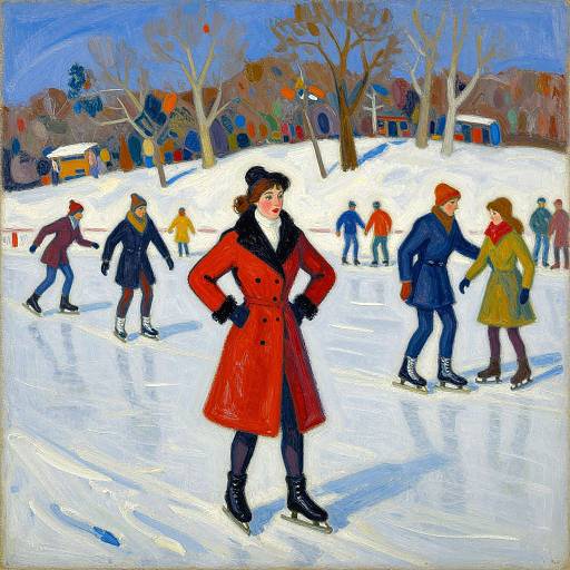 Impressionist painting of a snowy park with people ice skating; central figure is a woman in a red coat, black hat, and gloves.