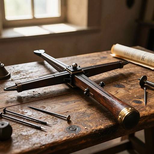Medieval Hand Crossbow on Rustic Table
