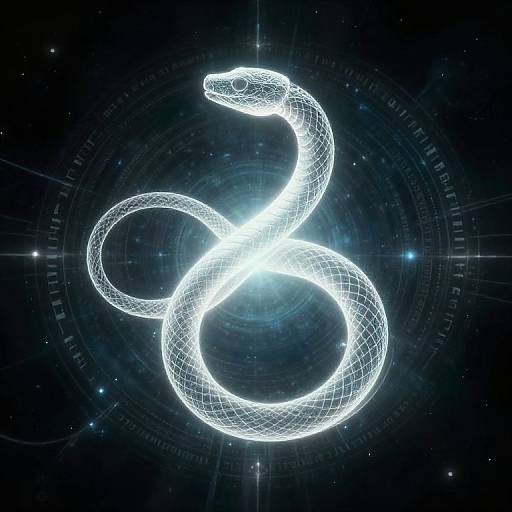 Digital artwork of a glowing white snake, outlined in neon wireframe, coiled against a dark, starry cosmic background.