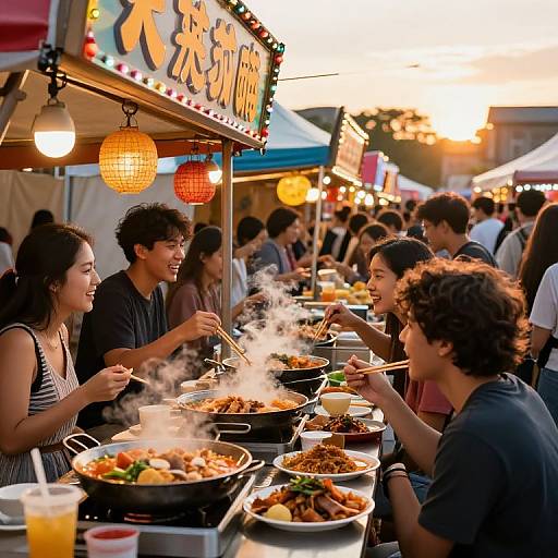 Photograph of a lively outdoor Asian food market at sunset, with diverse young adults enjoying steaming dishes and using chopsticks.