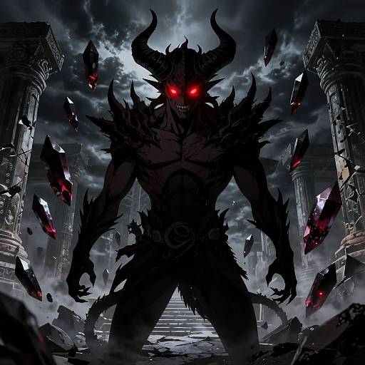 Dark, muscular demon with glowing red eyes and large horns stands in a ruined, cloudy cityscape. Broken pillars and debris surround him. Digital artwork with