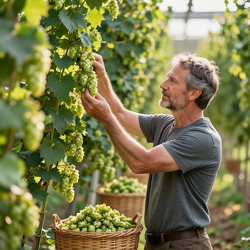 Brewer Harvesting Hops in Garden