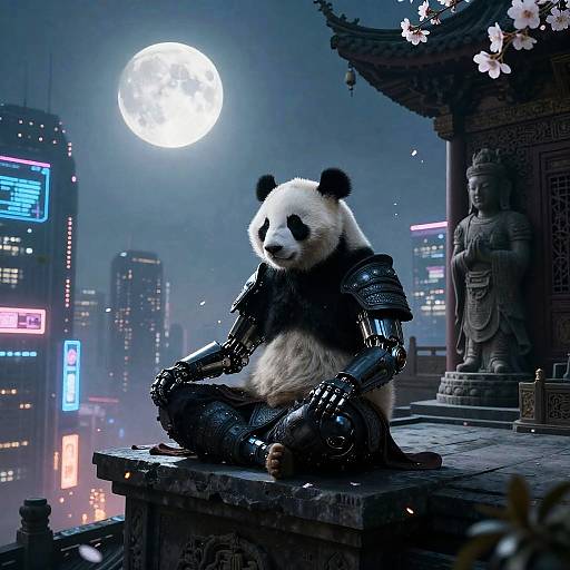 Cyborg Panda Warrior Meditating on Rooftop