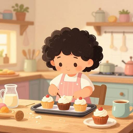 Cartoon-style illustration of a curly-haired child in a pink apron, decorating cupcakes on a tray in a sunny, cozy kitchen.