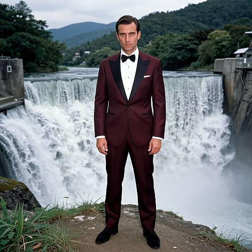 Photograph of a serious, dark-haired man in a black tuxedo with bow tie, standing in front of a powerful waterfall.