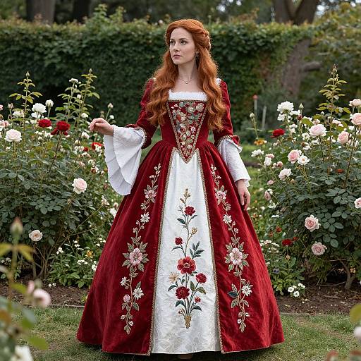 Photograph of a red-haired woman in a red and white, intricately embroidered Renaissance-style gown, standing in a lush garden with blooming roses.