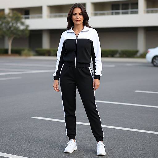 Photograph of a confident woman with medium skin tone, dark hair, wearing black and white track jacket and pants, white sneakers, standing in an empty