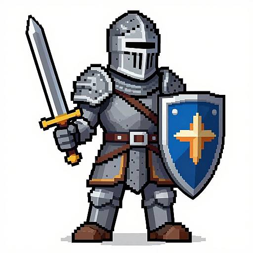 Pixel art of a medieval knight in silver armor, holding a sword and blue shield with a yellow cross, standing confidently.