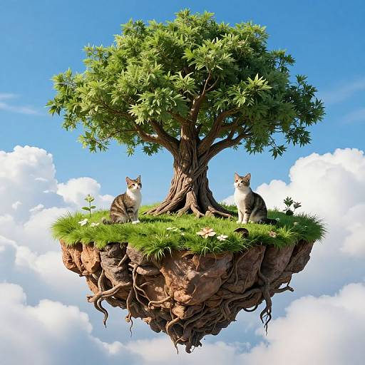 Digital illustration of two cats sitting on a floating, root-filled island with a lush tree and grass, set against a bright blue sky with white clouds.