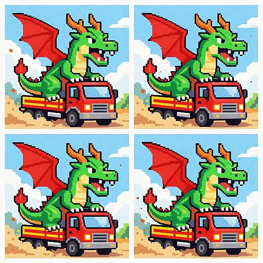 Pixel art: Green dragon with red wings riding a red fire truck in four dynamic poses, set against a blue sky and sandy landscape.