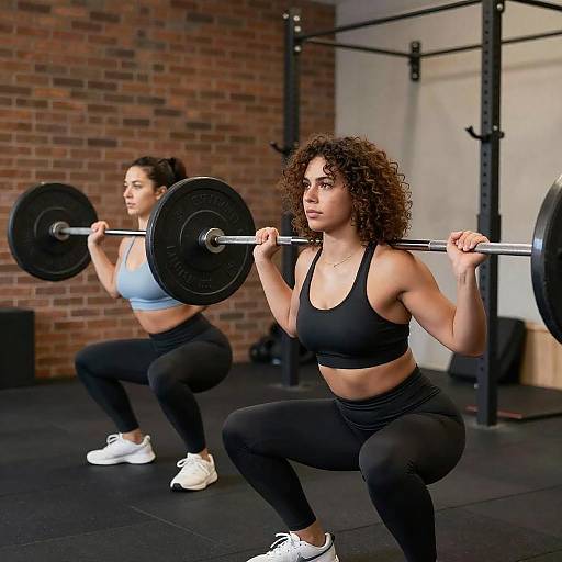 Women Squatting with Barbells in Gym